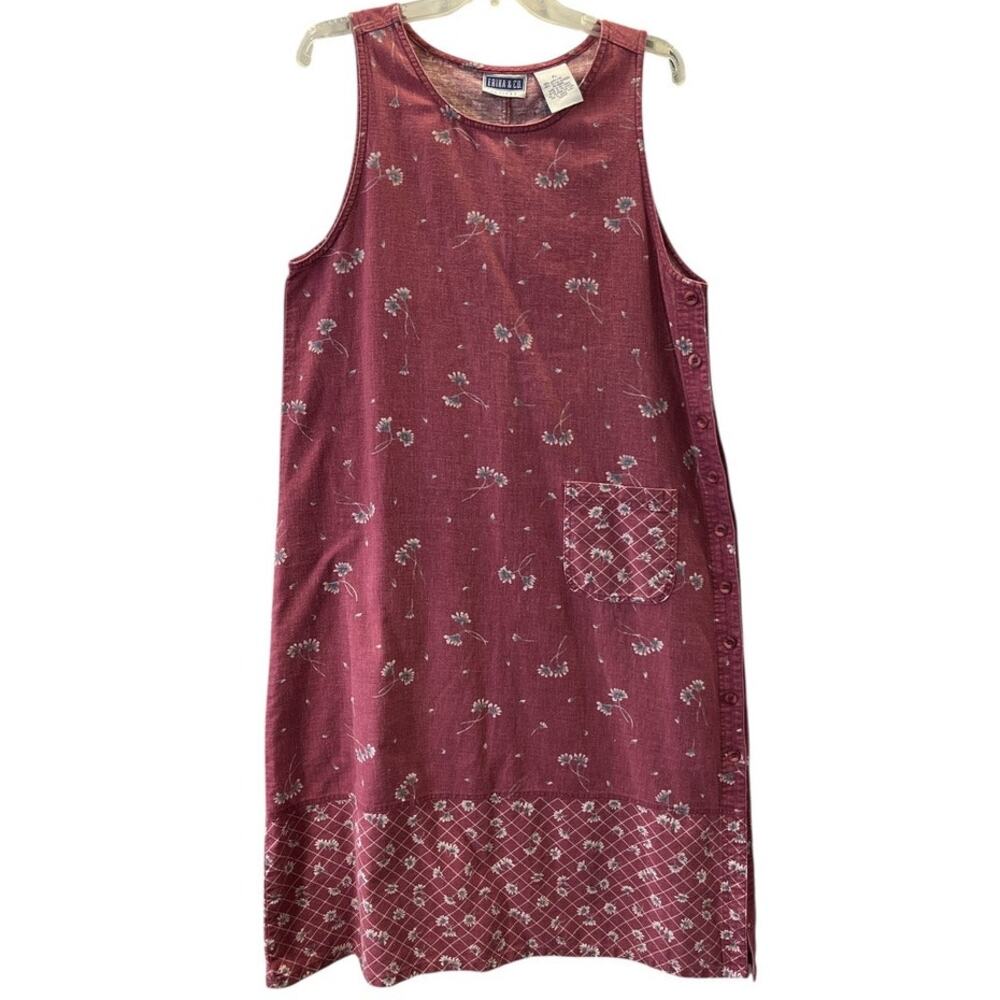 Vintage Y2k Linen Blend Sleeveless Dress Jumper Size LP Pink Grey Buttons Pocket